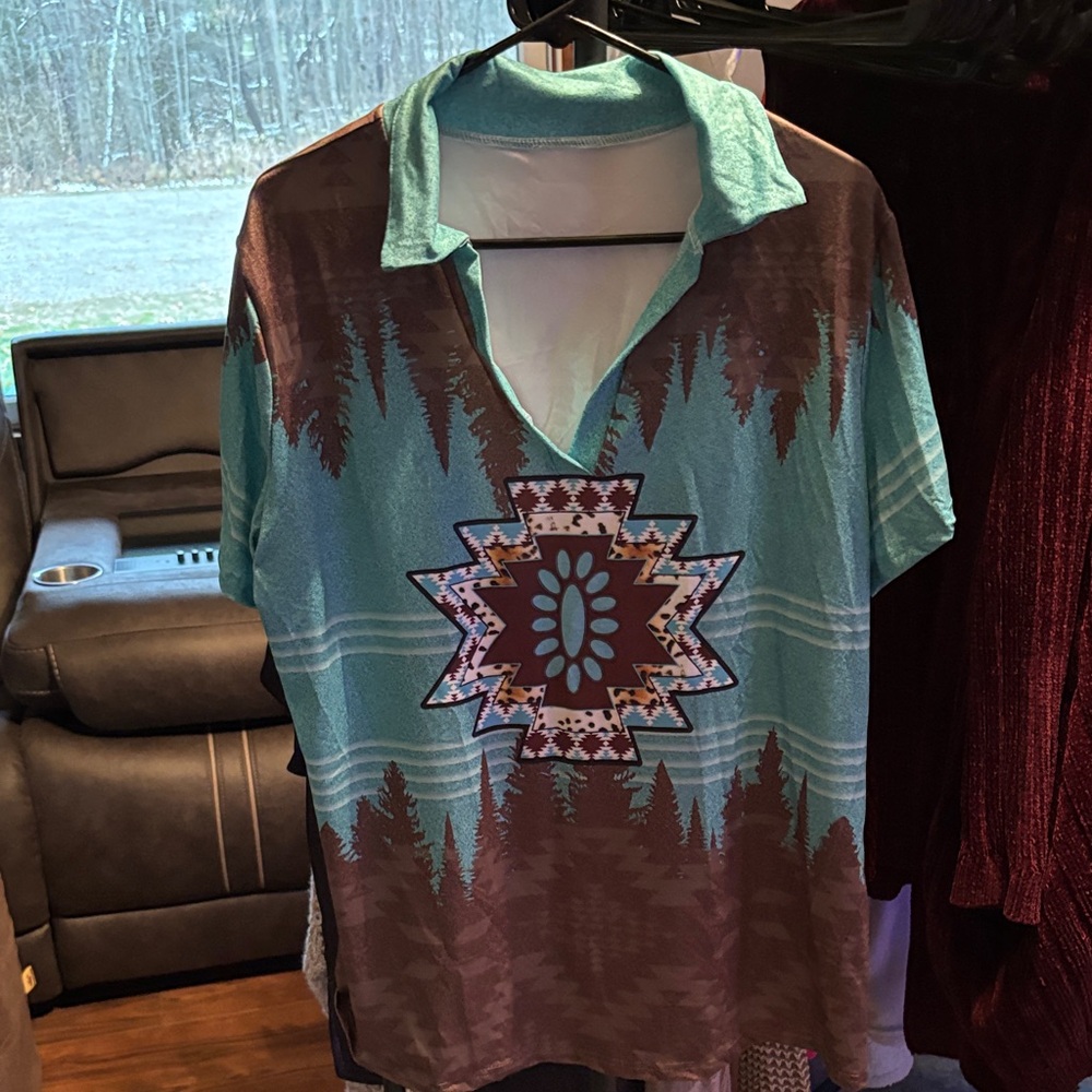 Aztec Patterned Shirt in Teal and Brown